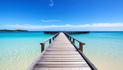 Obraz premium Stunning view of wooden pier over crystal clear turquoise water and vibrant blue sky