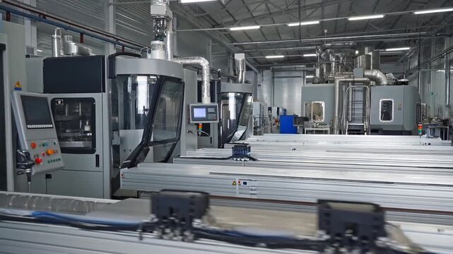 long industrial factory interior with rows of machinery