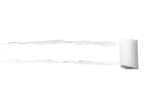 A horizontal strip of white paper is torn with rough edges and a rolled corner, isolated on a transparent background