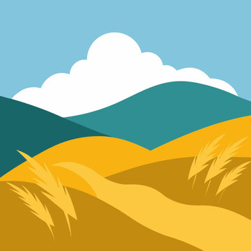 Stylized landscape with rolling hills wheat and clouds