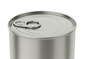 A closeup view of a silver metal tin can with a pull tab on a transparent background