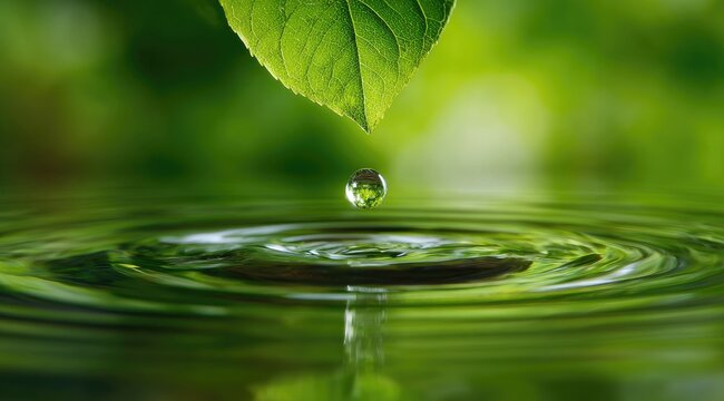 A single water droplet falls from a vibrant green leaf onto a calm body of water, creating concentric ripples - Powered by Adobe