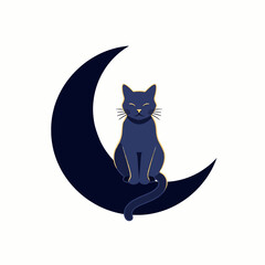 Flat Vector of Cat Sitting on Crescent Moon