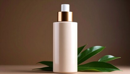 Beige Pump Bottle with Green Leaves Framing Calm Against Warm Brown Background