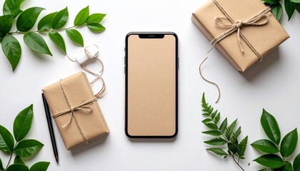 A Nature Wrapped Connection Smartphone on Eco Packaging Surrounded by Leaves and Rustic Gift Elements