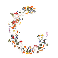 Hand draw watercolor wreath with north berry and mushroom, isolated on white background. Blueberry, cloudberry, fly agaric, lingonberry and autumn leaves.
