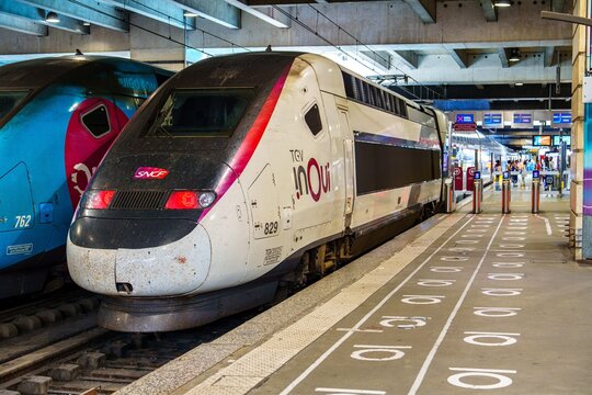 Paris, France, 20.07.2024 - A modern SNCF TGV inOui high-speed train is at a station in Paris, showcasing the efficiency of European travel. Ideal for travel-related content.