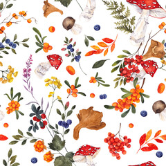 Seamless pattern with north berries, leaves and flowers, fly agaric and mushroom, isolate on white background