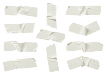 Several pieces of wrinkled white adhesive tape scattered and isolated on a transparent background