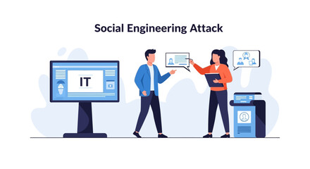 Social engineering attack concept. Illustration depicting IT security breach with phishing tactics in a work environment. Vector illustration.