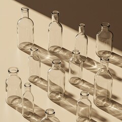 Clear glass bottles arranged in a minimalist design, casting shadows on a light beige surface.