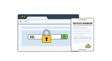 SSL security concept. Web browser with SSL lock icon and certificate information document illustrating secure connection. Vector illustration.