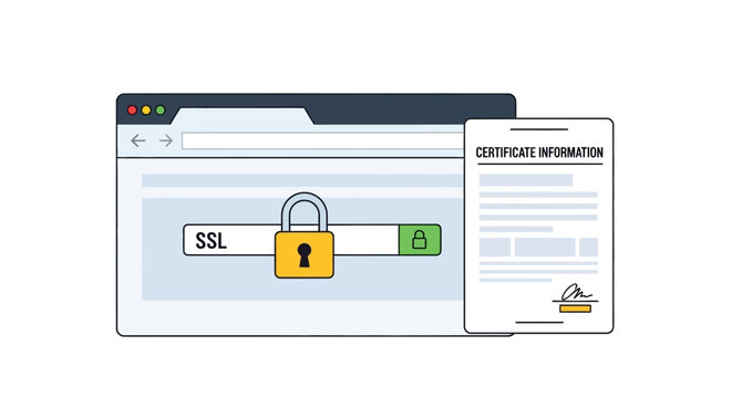 SSL security concept. Web browser with SSL lock icon and certificate information document illustrating secure connection. Vector illustration.