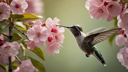 Obraz premium Hummingbird Feeding on Pink Blossoms.