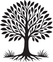 Obraz premium Detailed Black Silhouette of a Thriving Tree with Roots and Grass - Perfect for Nature, Environment & Growth Concepts.
