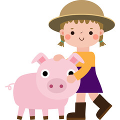 Cartoon Girl with Pig Illustration