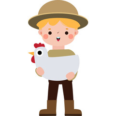 Illustration of Boy Farmer Holding a Chicken