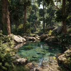 Naklejka premium Lush tropical forest scene with a tranquil pool