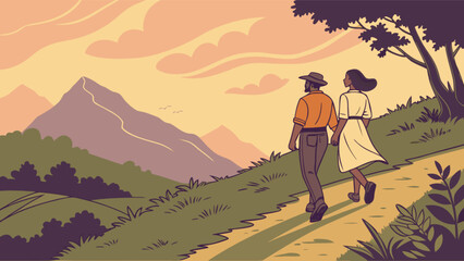 Couple exploring stunning mountain landscape together during serene vacation, enjoying nature and adventure, beautiful scenery inspiring travel and connection in vibrant illustration
