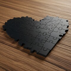 Black jigsaw puzzle pieces forming a heart shape on a wooden surface.