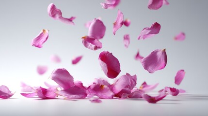 Floating pink petals captured in slow motion, suspended in the air with subtle shadows, isolated on bright white backdrop, ideal for beauty or love-themed visuals