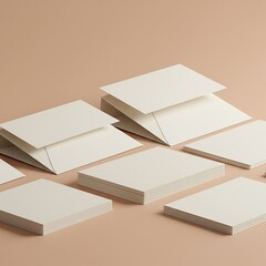 Several stacks of blank, off-white paper cards arranged on a neutral, peach-toned surface.