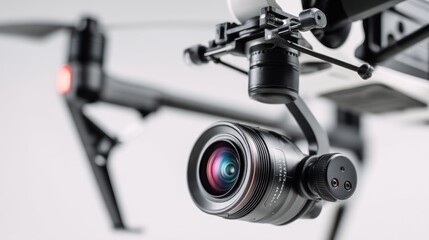 Fototapeta premium Close-up of drone camera and gimbal system, sharp detail on lens and sensors, isolated on white background, suitable for editorial content or drone photography marketing