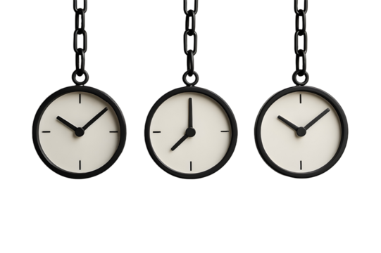 Three minimalist black clocks hanging from chains against a stark black background;  modern, stylish, and conveying a sense of time management, deadlines, and the passage of time.