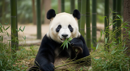 Obraz premium Animal Wild Life of a giant panda eating bamboo in a natural forest habitat, an endangered species.