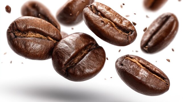 Multiple roasted coffee beans captured mid-air, dynamic motion with depth of field, glossy texture and natural imperfections, fully isolated on clean white background