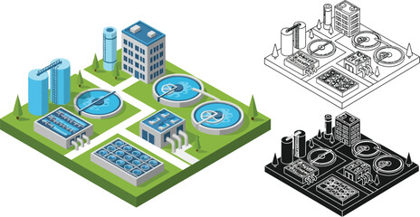 Isometric water treatment plant vector illustration for wastewater purification process design editable
