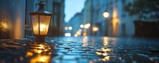 As twilight descends, the cobblestone streets glisten under a gentle rain, each stone reflecting the soft glow of warm lanterns. This enchanting scene creates an atmosphere that is both serene and dee