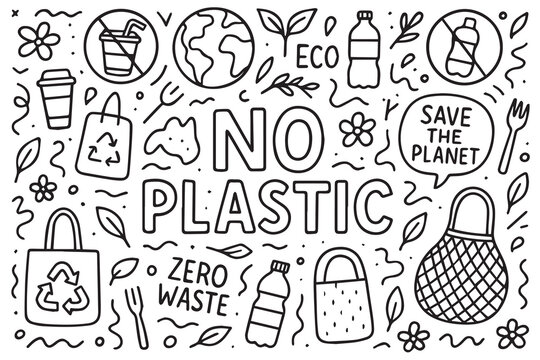 Black and white vector doodle background with bold black outline, featuring &ldquo;No Plastic&rdquo; theme, including recycling signs, bottles crossed out, eco messages, and nature elements.

