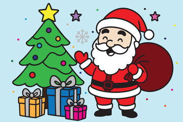Colorful vector illustration of Santa Claus standing next to a Christmas tree, joyfully holding presents, surrounded by decorations, lights, ornaments, and festive holiday cheer.