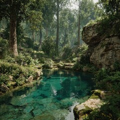Tranquil forest pool. Lush greenery surrounds a clear, placid pool