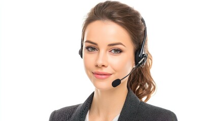 Support service agent with brown hair and headset, slightly angled face, subtle smile, formal office outfit, isolated on white background, ideal for customer service ads