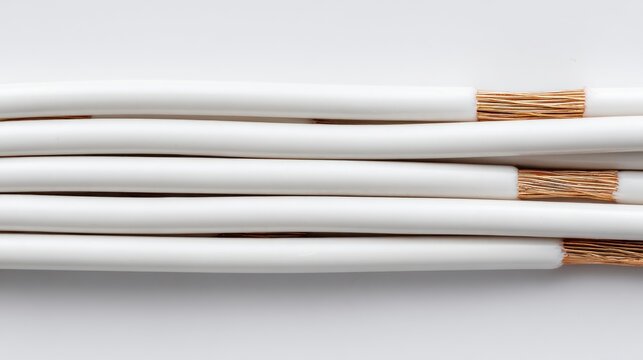 Top view of electrical wire set with smooth PVC coating, aligned in parallel with visible ends, high-resolution detail, clean white background with space for engineering content