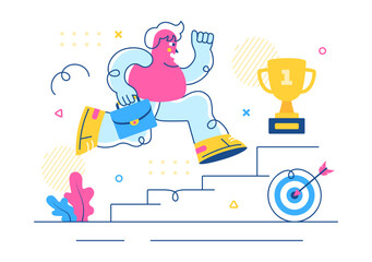 Challenge Vector Illustration Featuring a Businessman Running to the Top of a Graph and Overcoming Obstacles to Achieve Success in a Flat Background