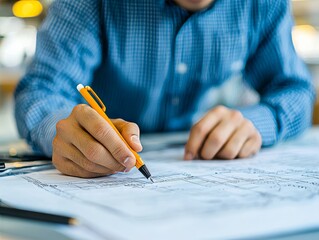 selective focus engineer carefully studying technical blueprint