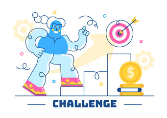 Challenge Vector Illustration Featuring a Businessman Running to the Top of a Graph and Overcoming Obstacles to Achieve Success in a Flat Background