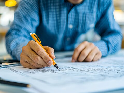 selective focus engineer carefully studying technical blueprint