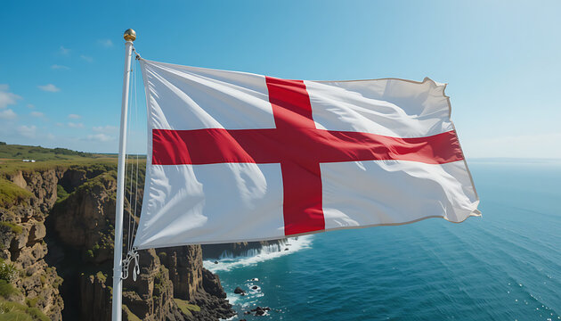 The English flag billows proudly against a dramatic coastal backdrop of cliffs and ocean.