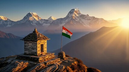 Majestic Himalayan Sunrise: Indian Flag at Stone Temple