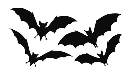 A group of flying bats in a dark silhouette on white background.