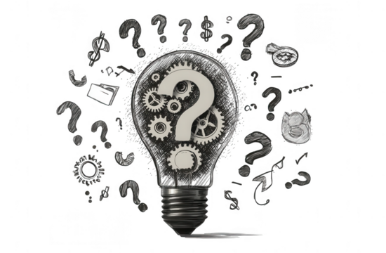 A stylized lightbulb, filled with gears and surrounded by question marks and other doodles, depicting the concept of unanswered questions