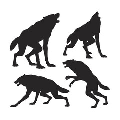 Four dynamic black wolf silhouettes in howling and aggressive poses silhouette.