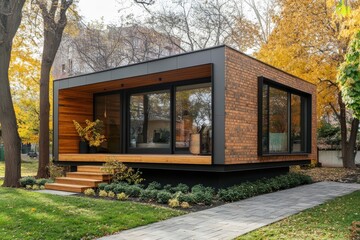 Modern small minimalist cubic house with wooden cantilever and brick wall, featuring a landscaped front yard with a paved pathway, Generative AI