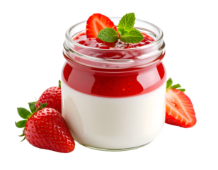 Glass jar of yogurt with strawberry jam isolated on transparent png