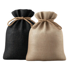 Two fabric drawstring bags, black and beige