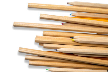 Row of wooden pencils isolated over a white background. Copy space. Concept of Back to School